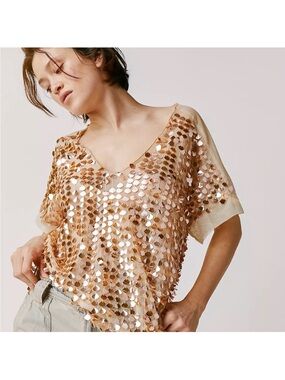 Free People X Lafuori Rose Gold Sequin V-Neck Short Sleeve Top
